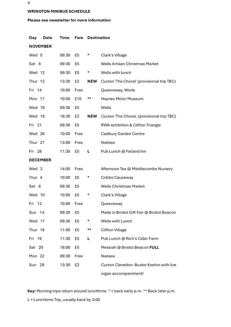 Wrington Minibus Newsletter and November/December schedule